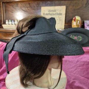 Vintage 1930s Wide Brim Straw Hat with Open Crown - Black Wicker Derby Hat